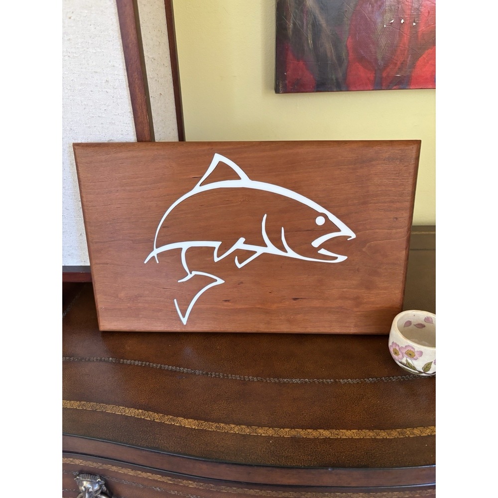 White Glass Salmon Carved Solid Wood Fish with Wall Mounting Hole 13" x 8"
